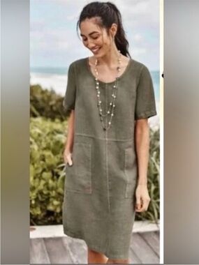 NWT J Jill Pure Jill Women’s Linen Utility Shift Dress Garment Dye Olive Sz M